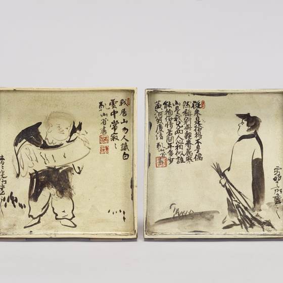 銹絵寒山拾得図角皿